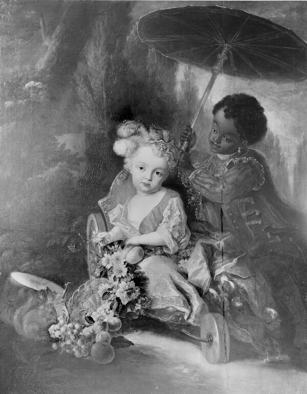 Antoine Pesne, Prinz Friedrich Ludwig oder Prinz Friedrich Wilhelm von Preußen im Gartenwagen mit Friedrich Ludwig (?), Aufnahme vor 1945