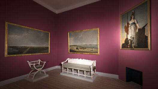 Schloss Oranienburg, Rote Schlafkammer, Armlehnstuhl und Sitzbank aus der Elfenbeingarnitur des Johann Moritz von Naussau-Siegen