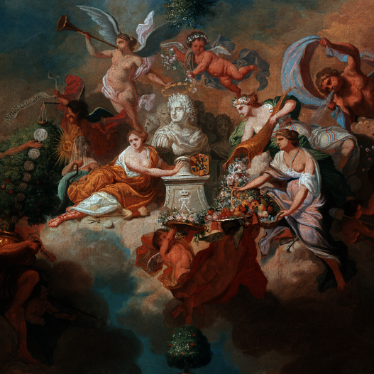Samuel Theodor Gericke: Allegorie auf Friedrich I. als Fürst von Oranien (Deckenentwurf): Barockes Deckengemälde mit allegorischen Frauenfiguren, Putten und Göttergestalten um eine Büste Friedrichs I. auf Wolken vor blauem Himmel