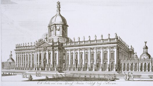 Andreas Ludwig Krüger: Neues Palais, Ansicht der Gartenseite, 1782, Radierung © SPSG / Daniel Lindner Andreas Ludwig Krüger: Neues Palais, Ansicht der Gartenseite, 1782, Radierung