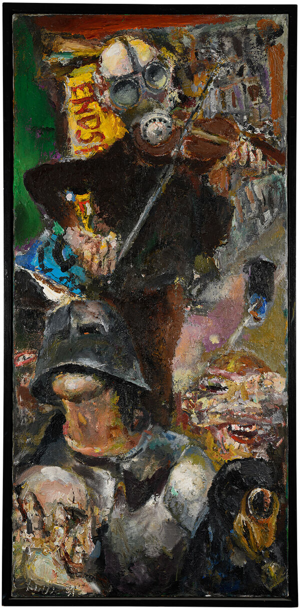 Bernhard Heisig, Schutzversuche mit Musik, 1997, Öl auf Leinwand, 150 × 70 cm
