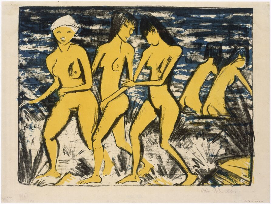Otto Mueller: Fünf gelbe Akte am Wasser, 1921, Farblithographie