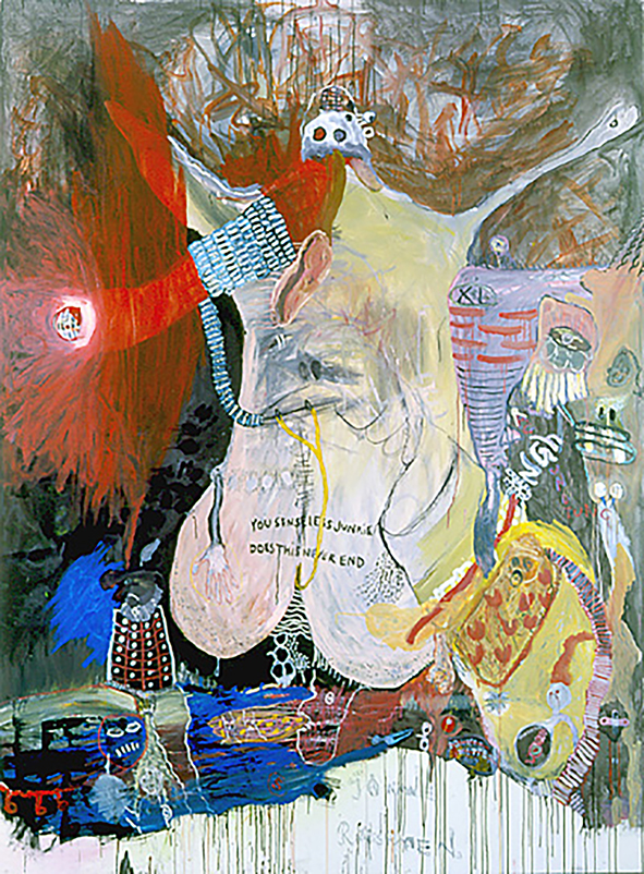 Janne Räisänen, Pollock's Bollocks and a Bacon, Cock as a Crucifixion, 2003, Acryl, Tusche und Öl auf Leinwand, 250 × 170 cm